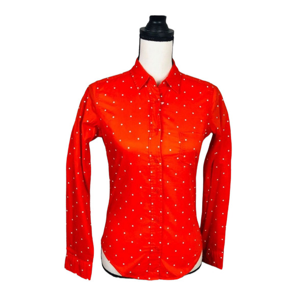 Uniqlo Orange Lawn Polka Dot Long Sleeve Button Up Blouse Top Cotton XS New - Picture 1 of 6